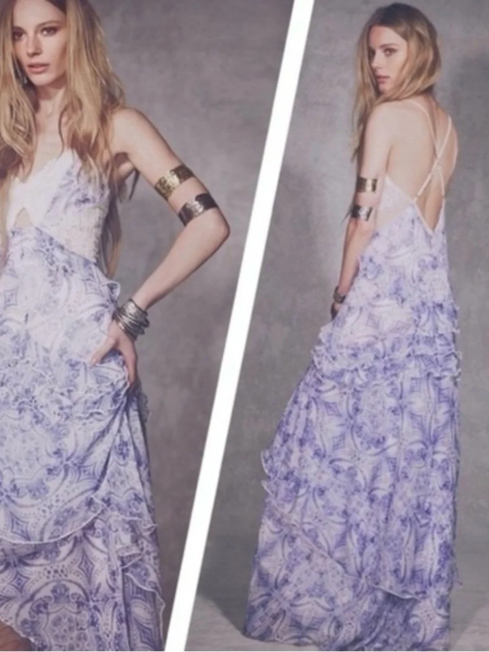 Free People Blue Paisley Lace-Trim Maxi Dress